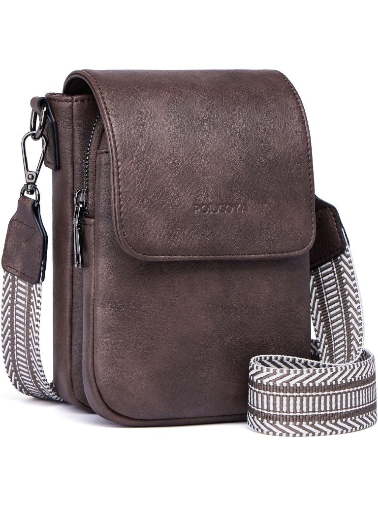 Poiugoya Women's Deep Coffee Leather Triple Compartment Cell Phone Crossbody Bag